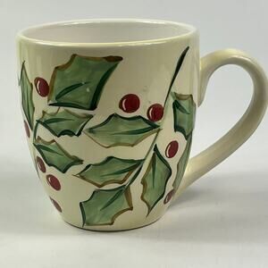 Brushes KIC Handpainted Holly Christmas Mug Ceramic 4" Tall Red Green Berries